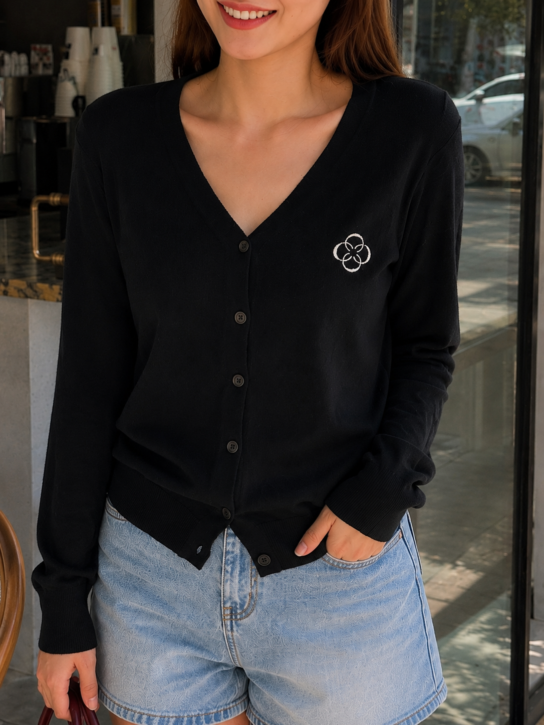 Mela Vneck Button Knit Cardigan - Black