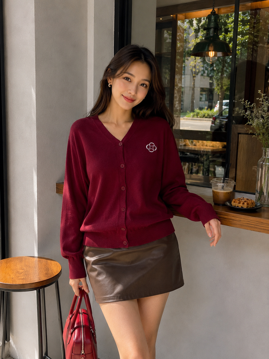 Mela Vneck Button Knit Cardigan - Maroon