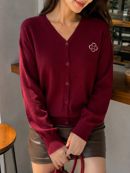 Mela Vneck Button Knit Cardigan - Maroon