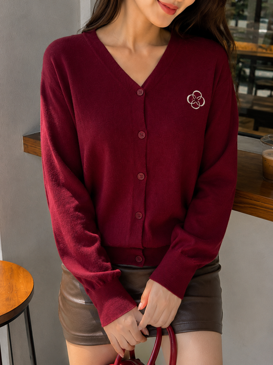 Mela Vneck Button Knit Cardigan - Maroon