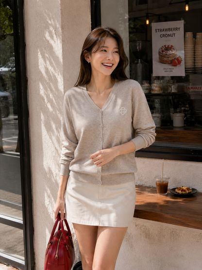 Mela Vneck Button Knit Cardigan - Khaki