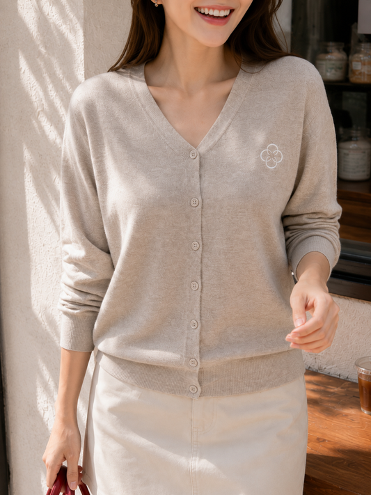 Mela Vneck Button Knit Cardigan - Khaki