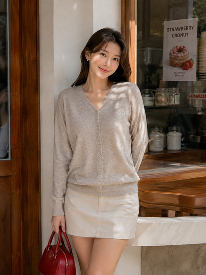 Mela Vneck Button Knit Cardigan - Khaki