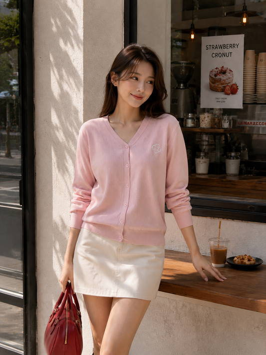 Mela Vneck Button Knit Cardigan - Pink