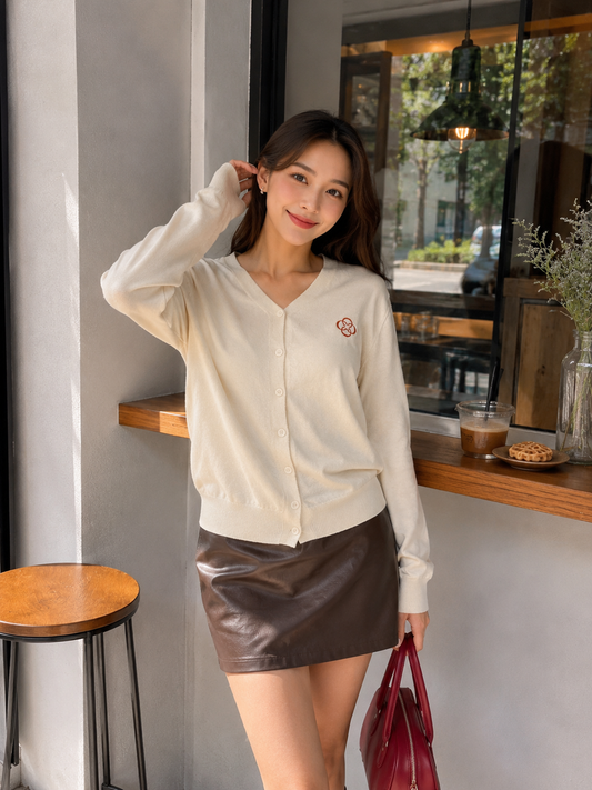 Mela Vneck Button Knit Cardigan - Cream