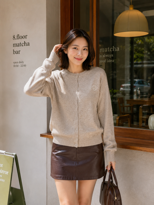 Sella Round Button Cardigan - Khaki