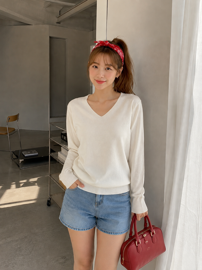 Nasya Vneck Knit Longsleeve - Cream