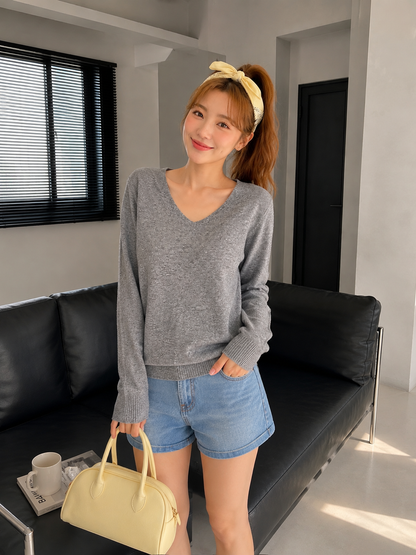 Nasya Vneck Knit Longsleeve - Grey