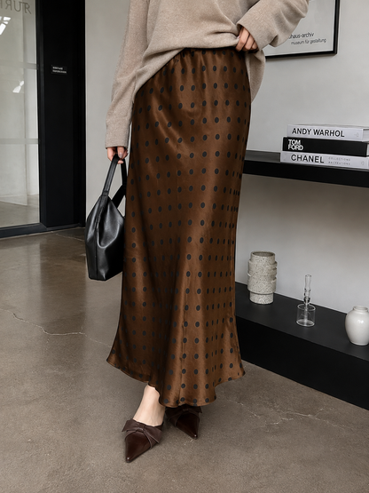 Polka Silk Flare Skirt - Coffee