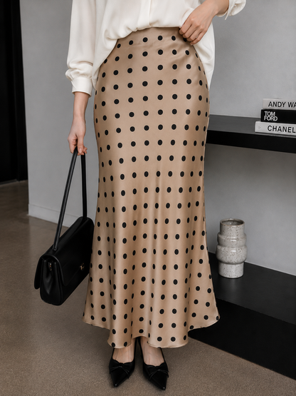 Polka Silk Flare Skirt - Mocca