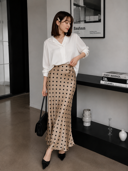 Polka Silk Flare Skirt - Mocca