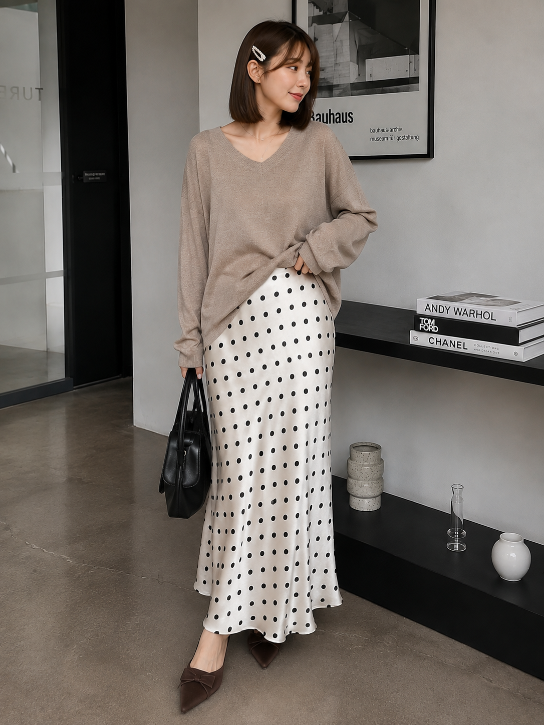 Polka Silk Flare Skirt - White