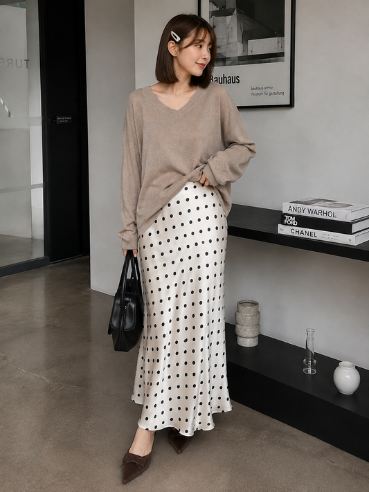 Polka Silk Flare Skirt - White