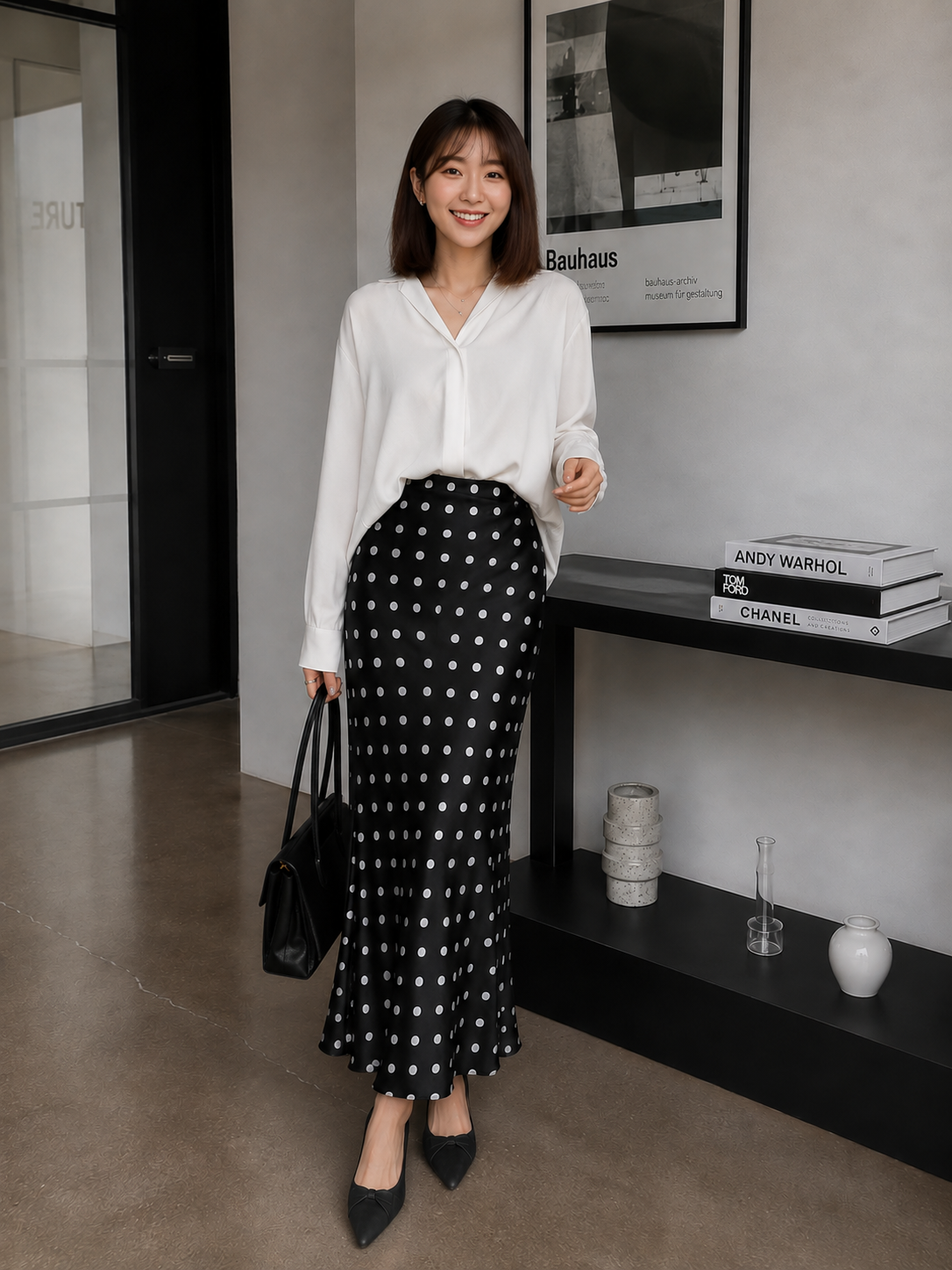 Polka Silk Flare Skirt - Black