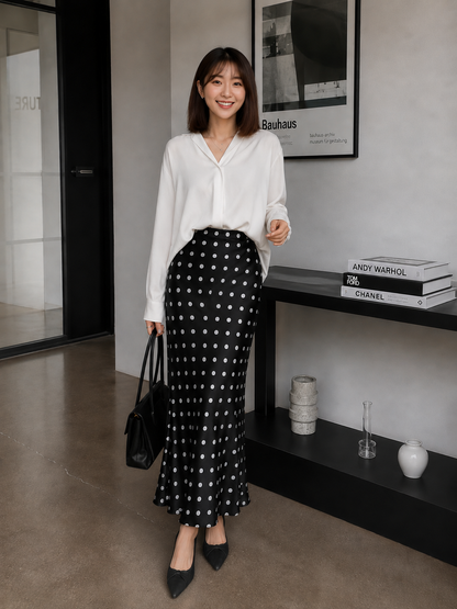 Polka Silk Flare Skirt - Black