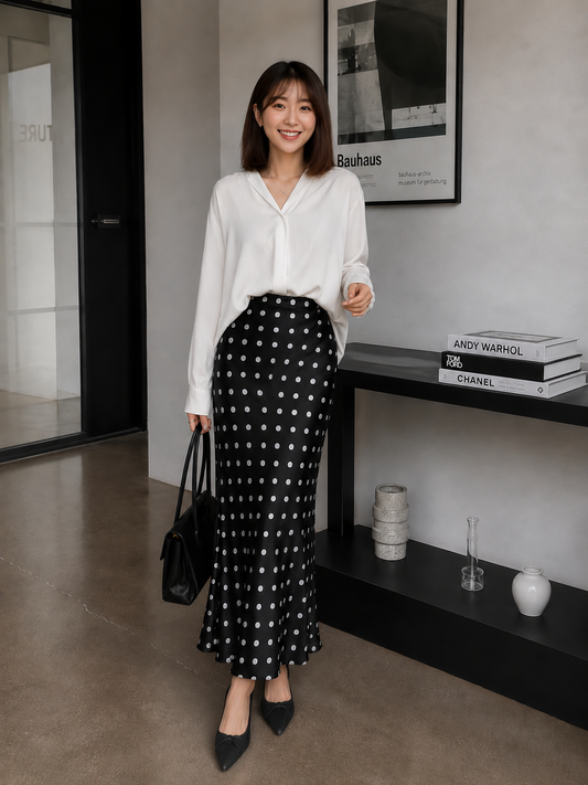 Polka Silk Flare Skirt - Black