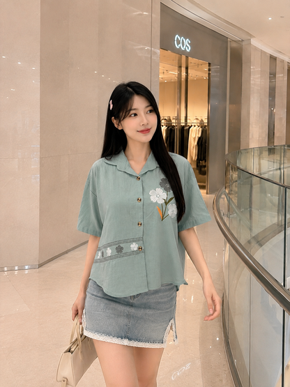 Makita Flower Cotton Shirt - Mint