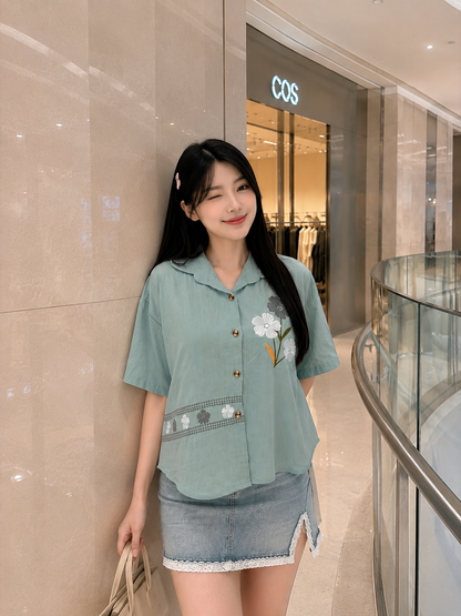 Makita Flower Cotton Shirt - Mint