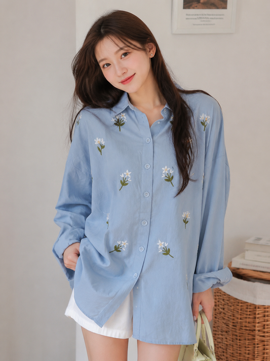 Yasa Flower Cotton Longsleeve - Blue