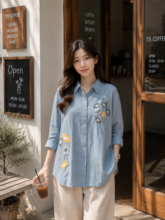 Elpha Flower Cotton Longsleeve - Blue