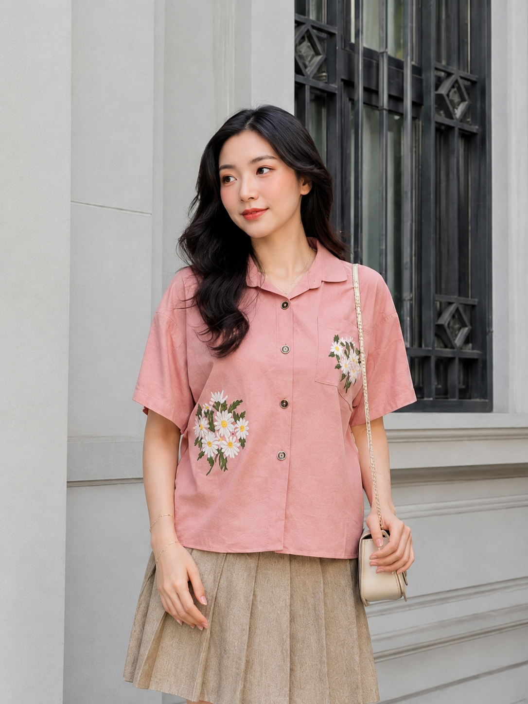 Jeska Flower Cotton Shirt - Pink
