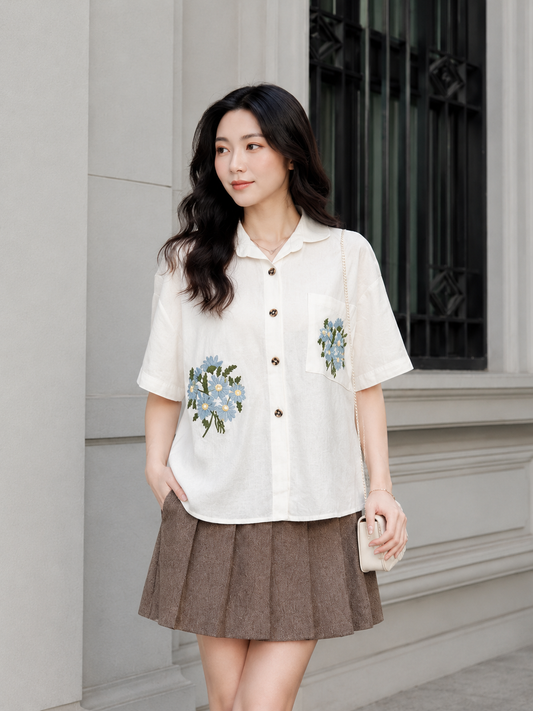Jeska Flower Cotton Shirt - White