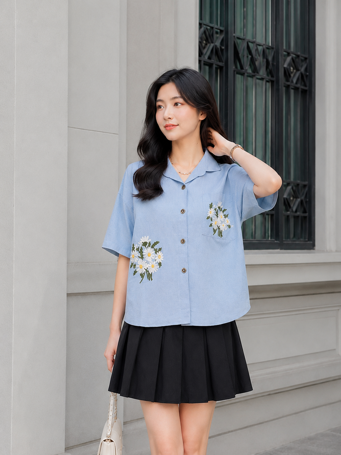Jeska Flower Cotton Shirt - Blue