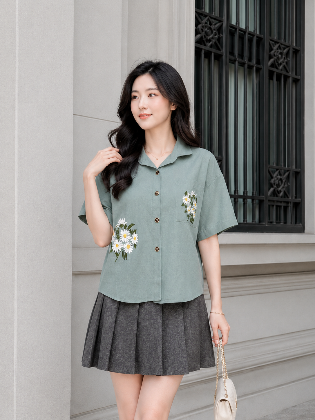 Jeska Flower Cotton Shirt - Mint