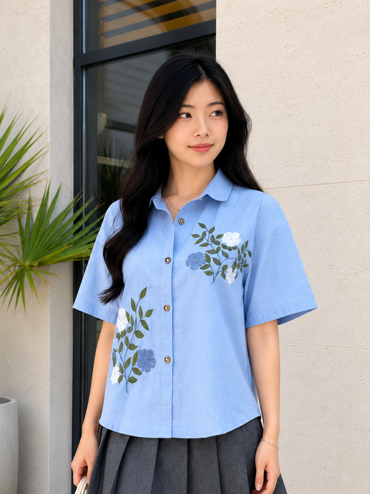 Bloom Button Cotton Shirt - Blue