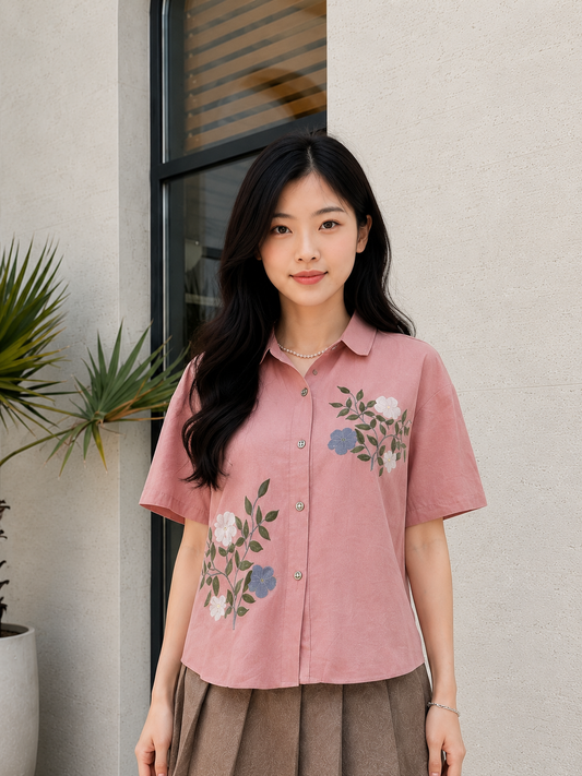 Bloom Button Cotton Shirt - Pink
