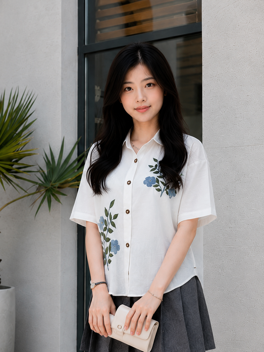 Bloom Button Cotton Shirt - White
