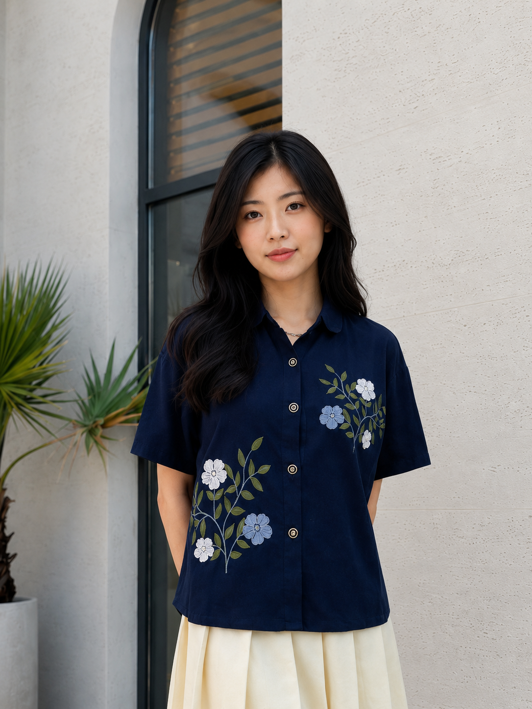 Bloom Button Cotton Shirt - Navy