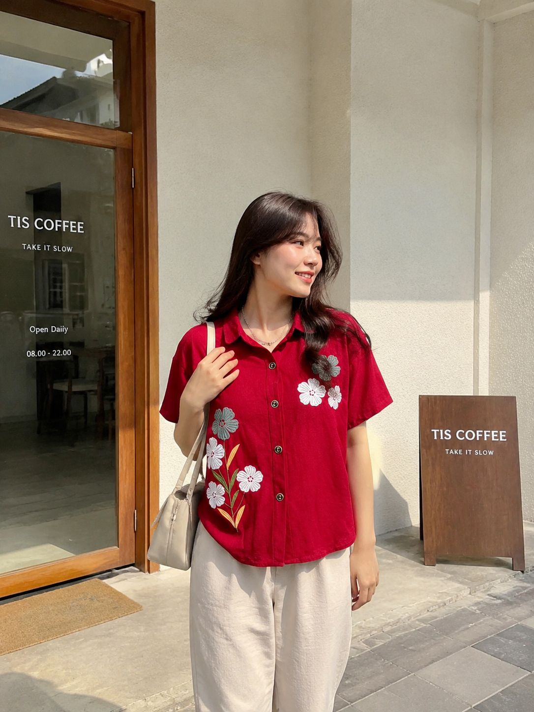 Loka Flower Cotton Shirt - Maroon