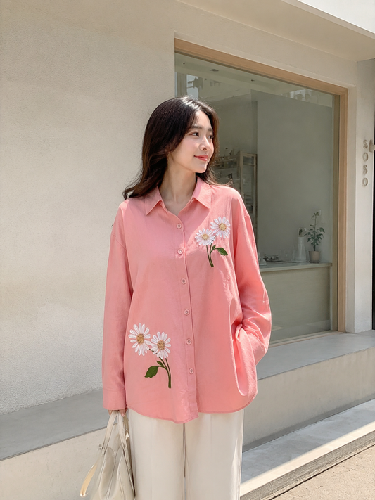 Agera Flower Cotton Longsleeve Shirt - Pink