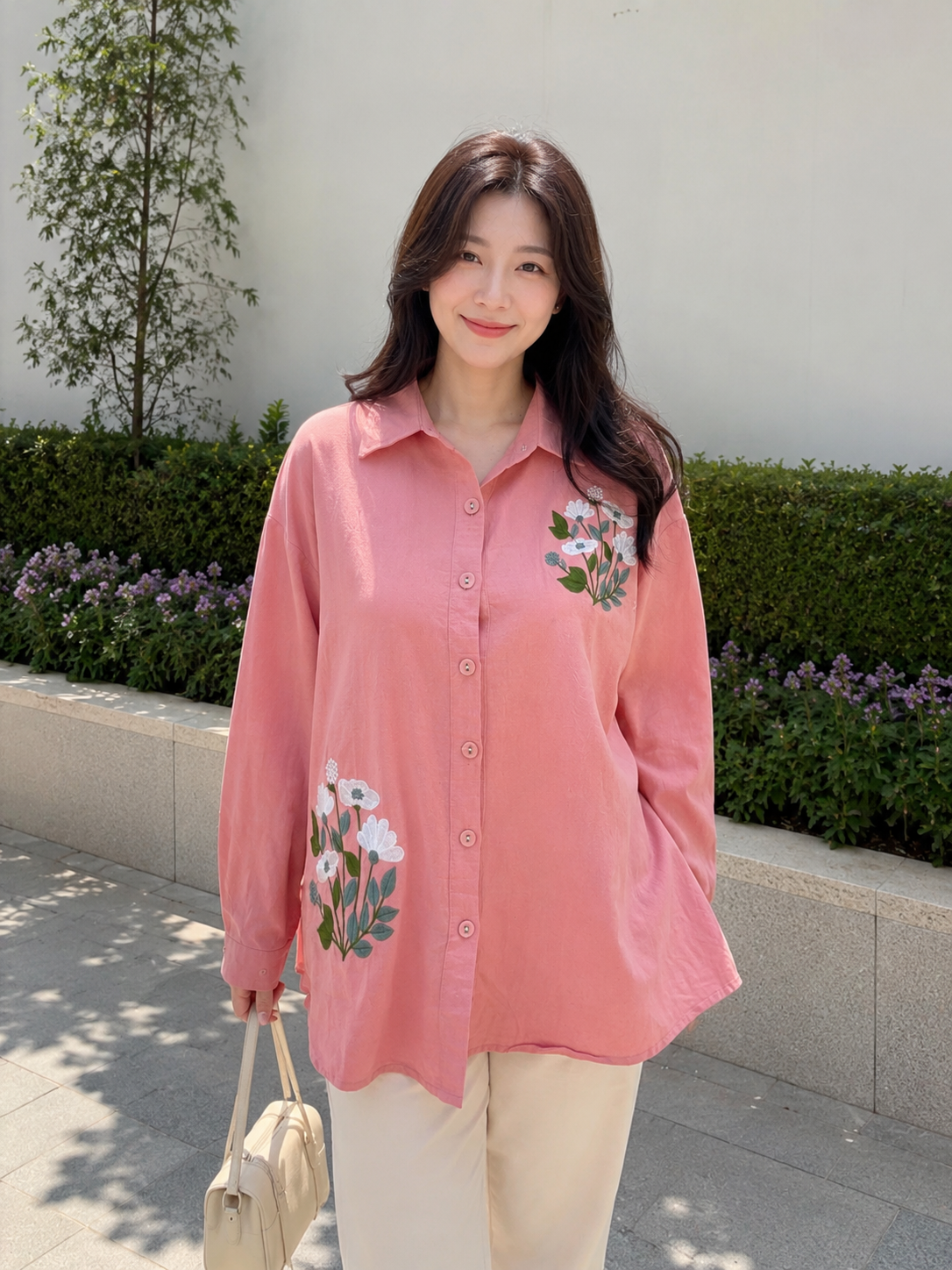 Shinny Flower Cotton Longsleeve Shirt - Pink