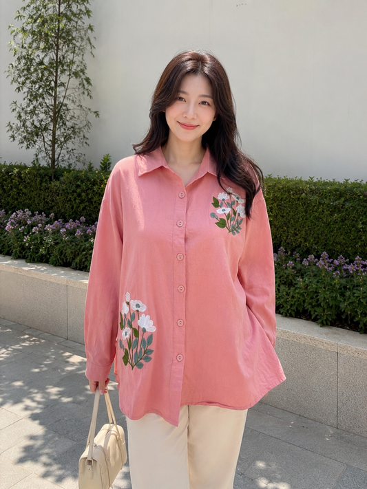 Shinny Flower Cotton Longsleeve Shirt - Pink