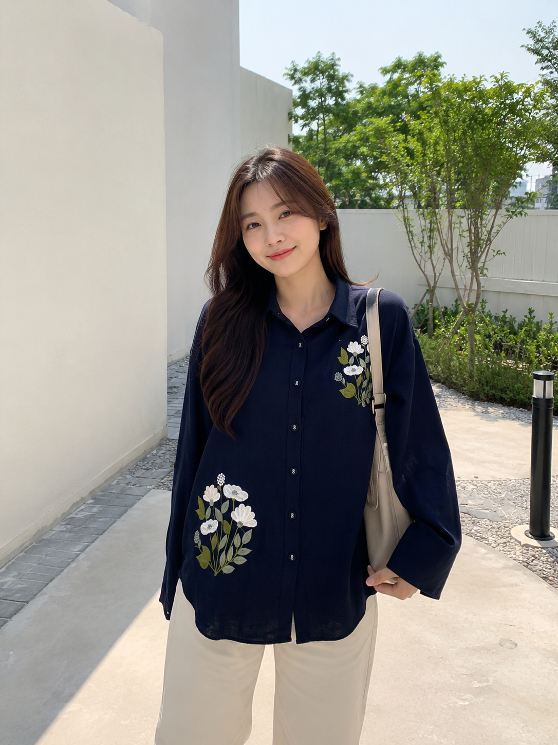 Shinny Flower Cotton Longsleeve Shirt - Navy
