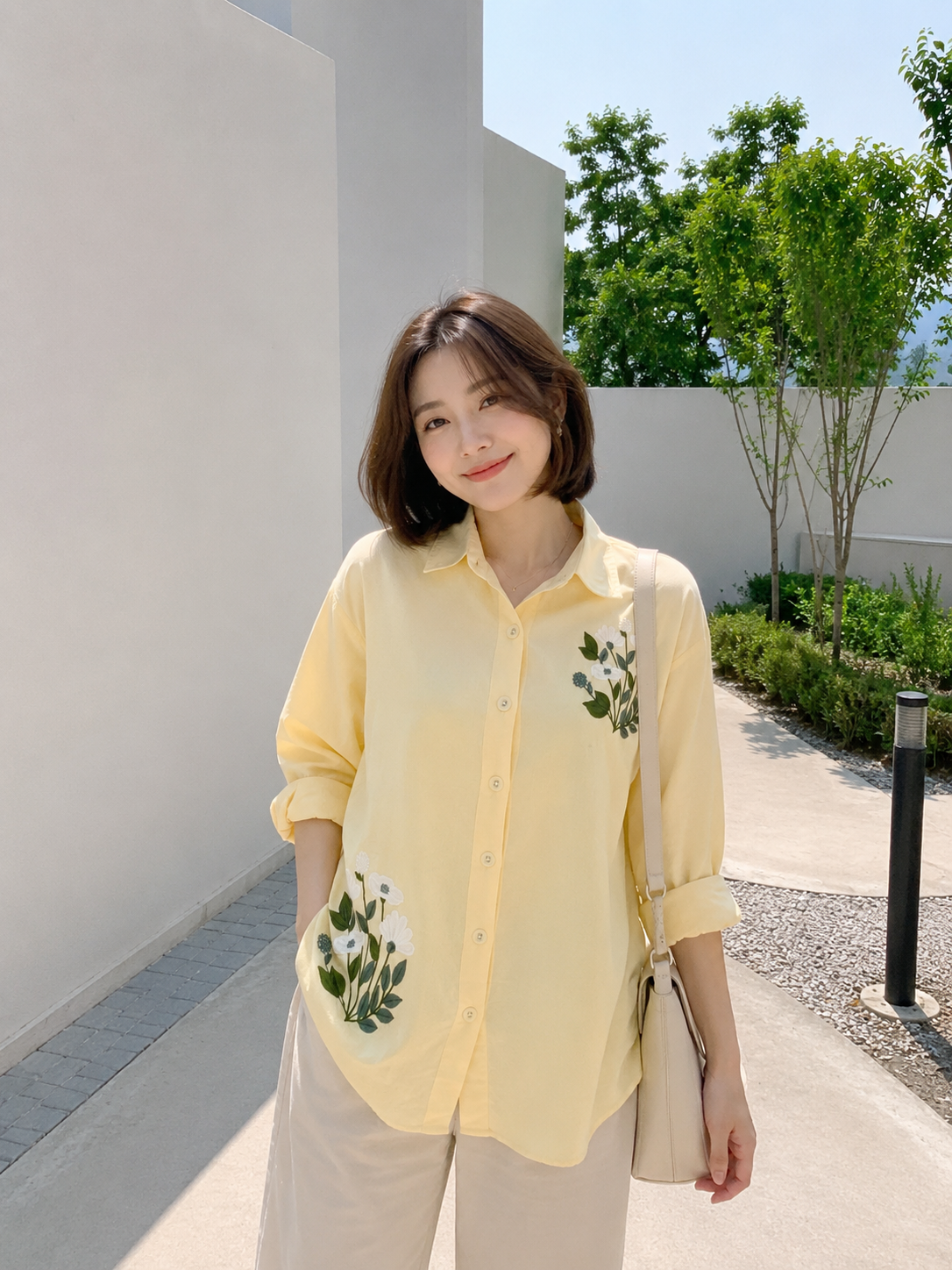 Shinny Flower Cotton Longsleeve Shirt - Yellow