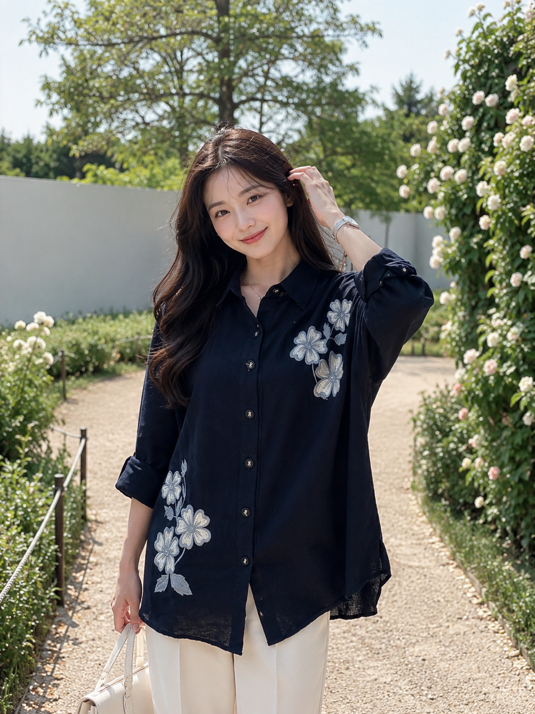 Mekari Flower Cotton Longsleeve - Navy
