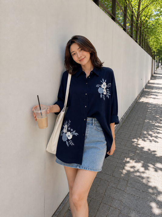 Derka Flower Cotton Longsleeve - Navy