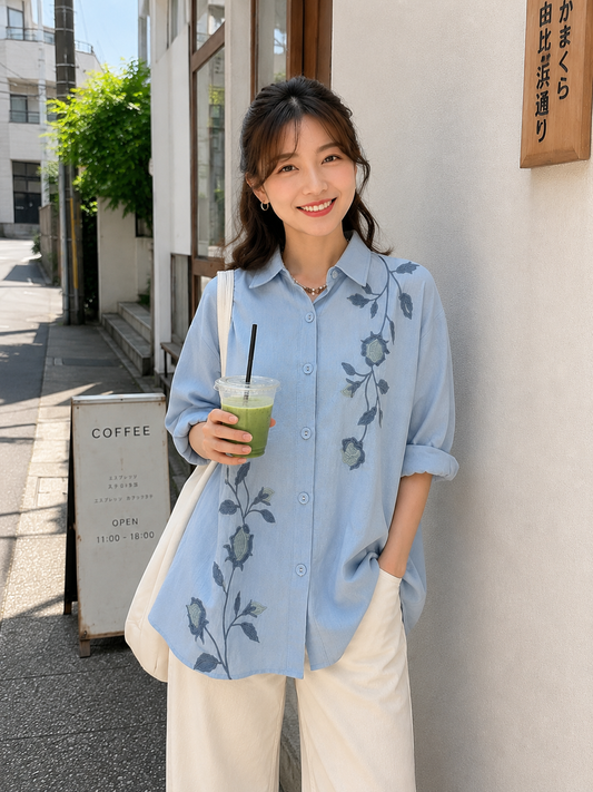Vinda Button Cotton Longsleeve - Blue