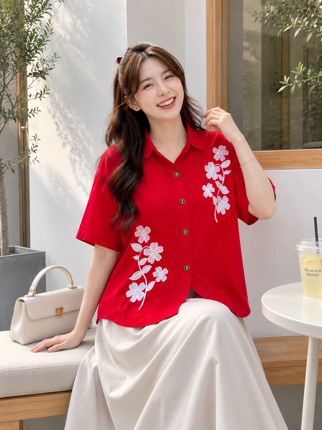 Kora Flower Button Cotton - Red
