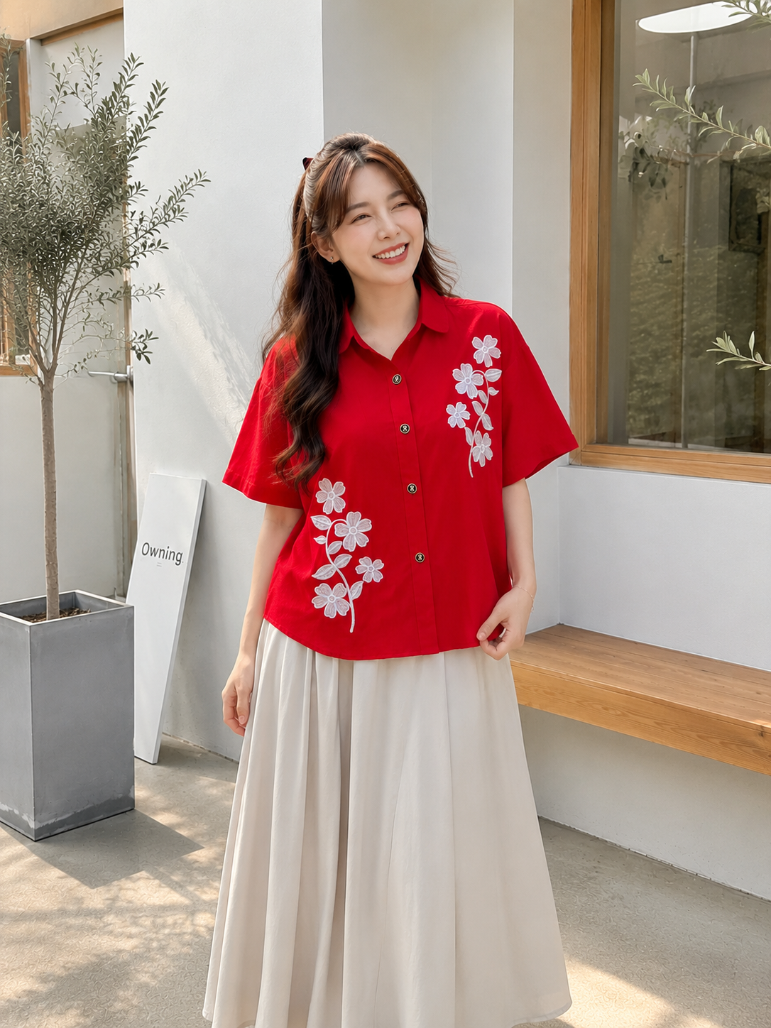 Kora Flower Button Cotton - Red