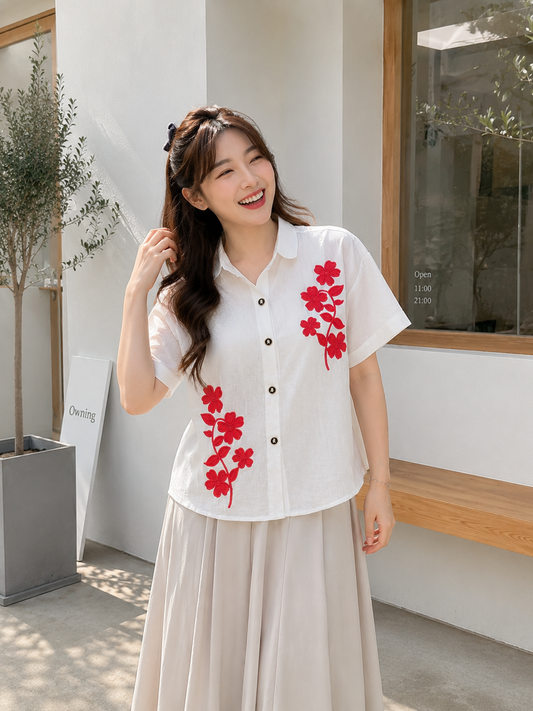 Kora Flower Button Cotton - White