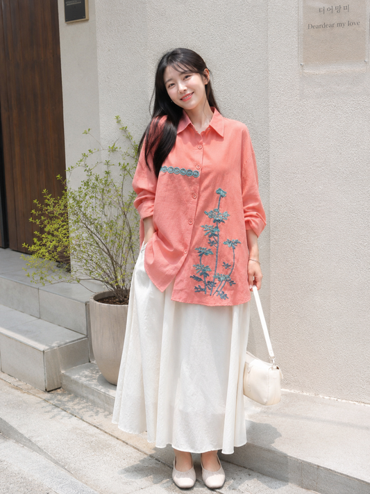 Line Flower Cotton Longsleeve - Pink