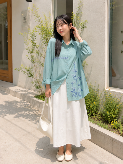 Line Flower Cotton Longsleeve - Mint
