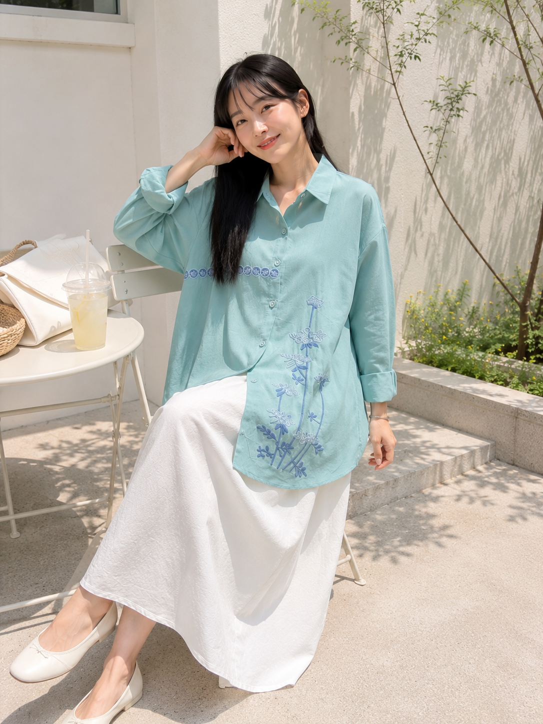 Line Flower Cotton Longsleeve - Mint