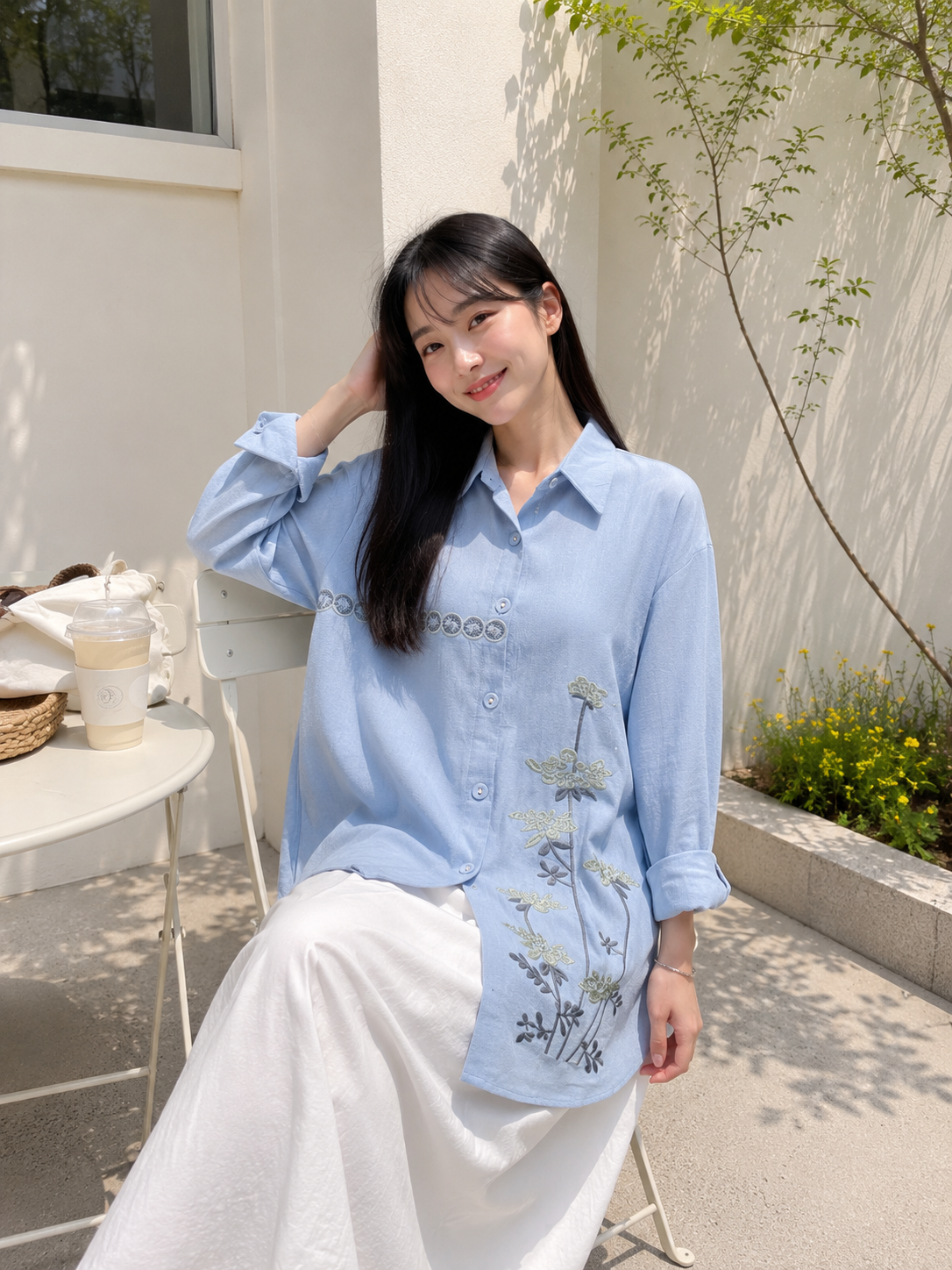 Line Flower Cotton Longsleeve - Blue