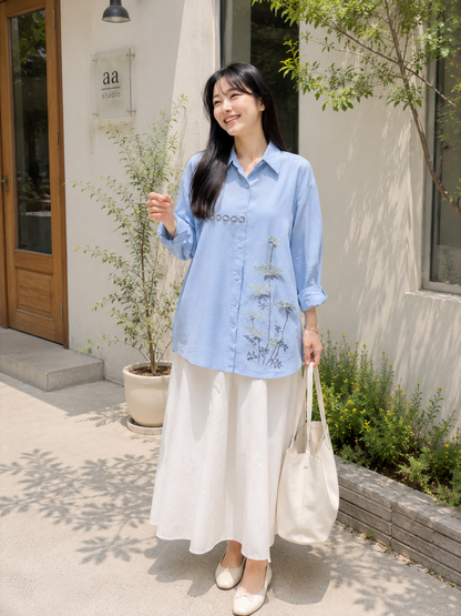 Line Flower Cotton Longsleeve - Blue