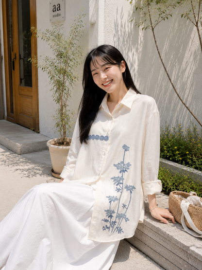 Line Flower Cotton Longsleeve - White